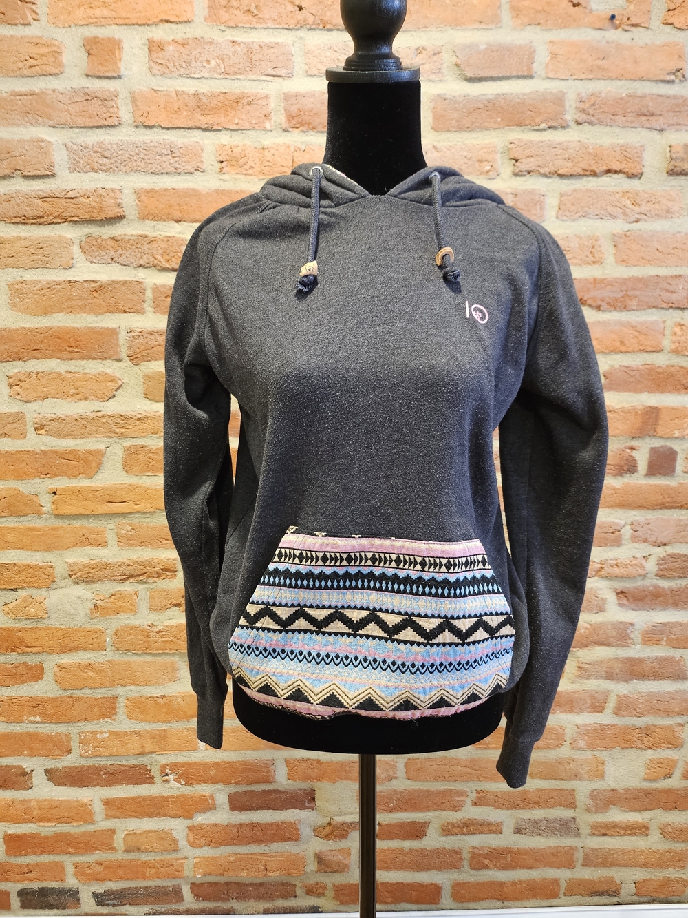 tentree Charcoal Hoodie with Multicolor Aztec Front Pocket